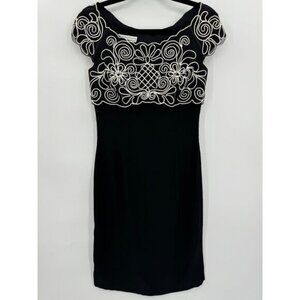 SCOTT MCCLINTOCK Vintage Black White Mesh Ornate Lace Crepe Sheath Dress Size 8